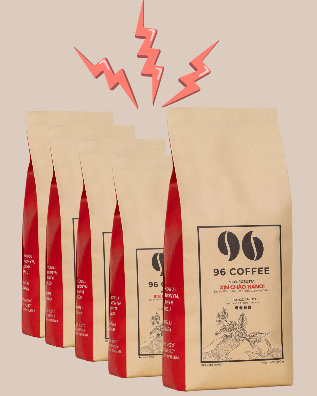 Kawa Specialty Xin Chao Hanoi 100% Robusta od 96 Coffee, single-origin kawa ziarnista na tle opakowania.