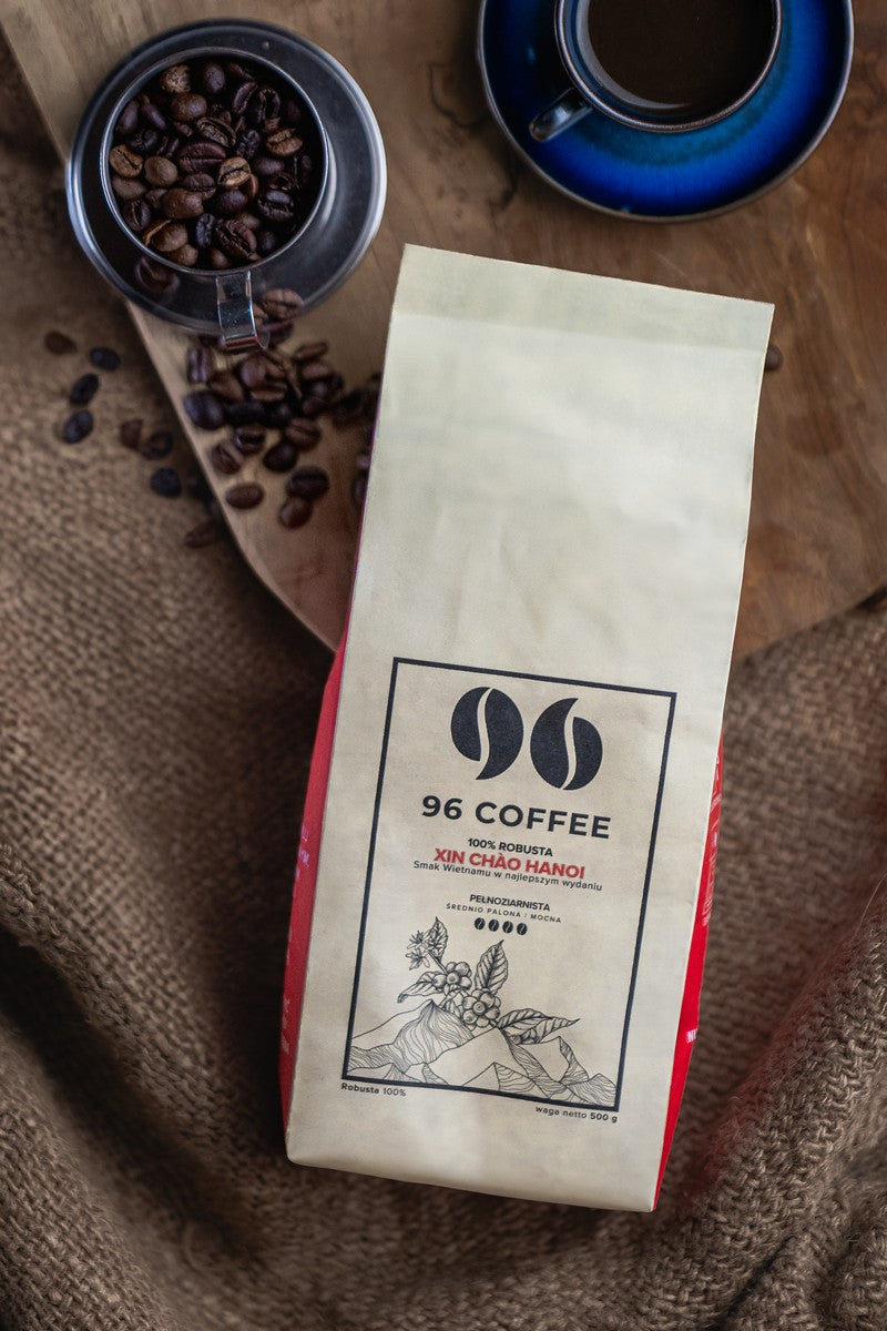 Kawa specialty Xin Chao Hanoi od 96 Coffee, single-origin robusta w ziarnach, naturalny wygląd i aromatyczne ziarna kawy