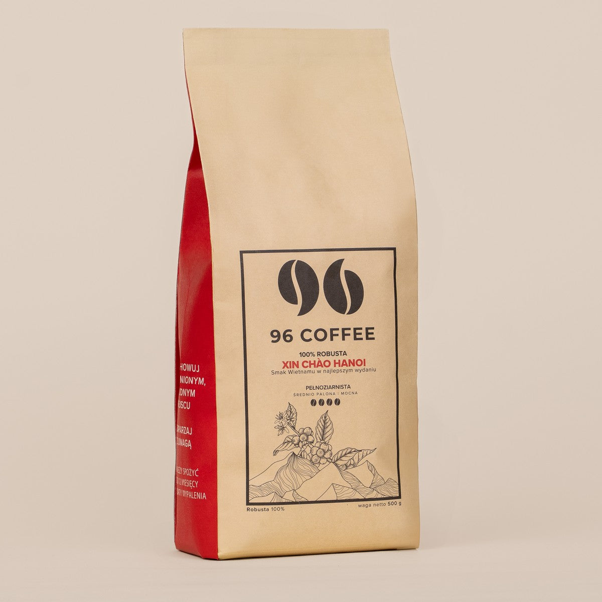 Mielona kawa specialty Xin Chao Hanoi 100% Robusta od marki 96 Coffee w opakowaniu, z ziarnami kawy do parzenia.